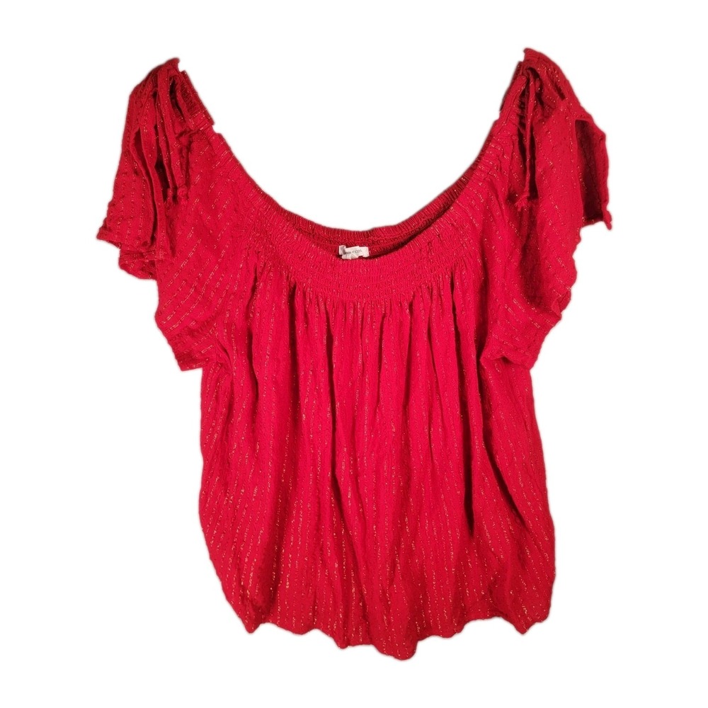 Maurices Top Womens 1 1X Red Gold Metallic Striped Tie Flutter Peasant Blouse